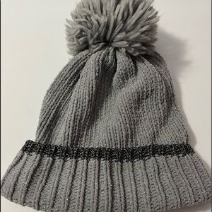 Woman’s Grey/Dark Grey Stripe, Knit, Pom, Pom, beanie hat
